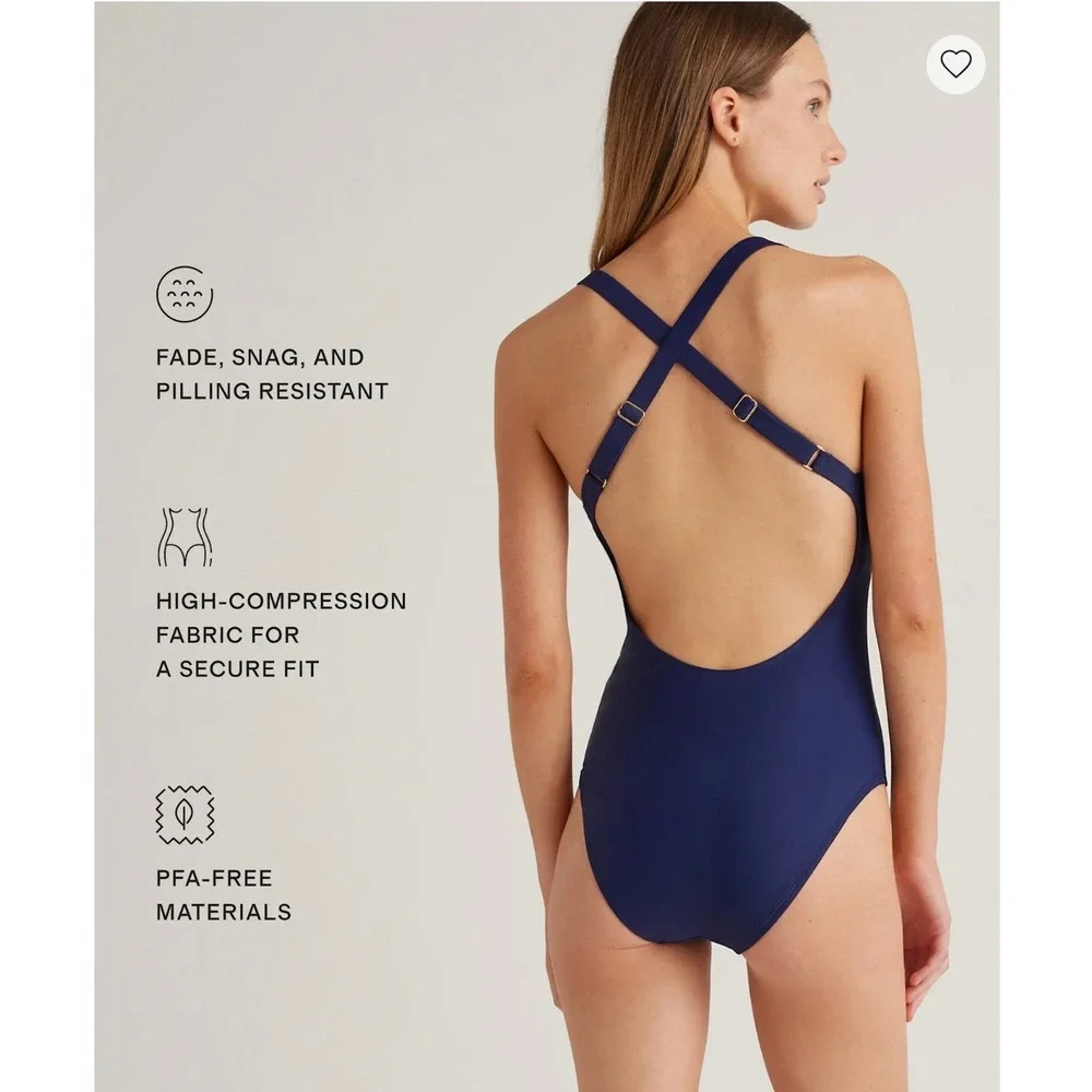 Quince Italian One-Piece Swimsuit Womens Size M Navy Blue Crossback Adjustable